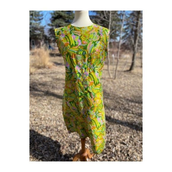 Vintage 60s Hawaiian Dress Psychedelic Cotton Sateen Mod - Picture 3 of 13